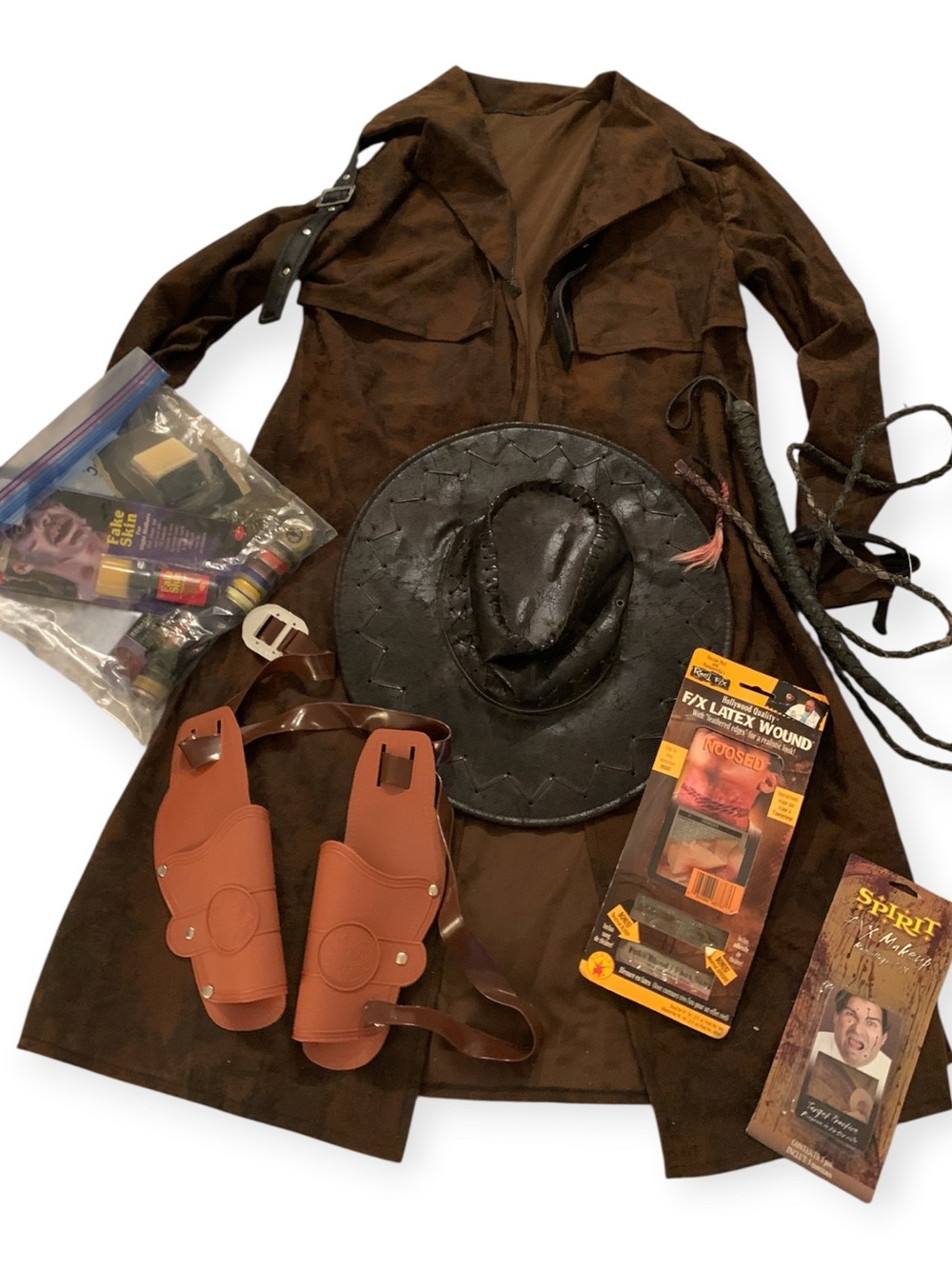 Brown Suede Like Western Trench Coat with Black PU Leather Hat +Accessories